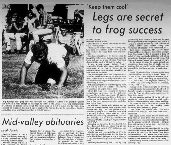 1970 Frog Jumping Championship. Greg Jellison in the Junior Division and Paul Jellison with the shortest jump.
